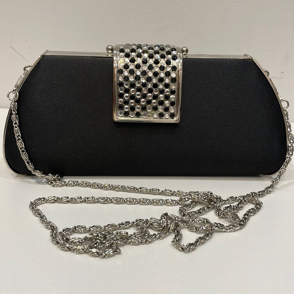 Black vintage purse with shoulder strap. Black satin/silk material with beads.